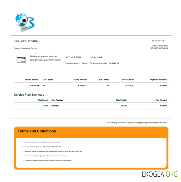 India Waheguru Telecom utility bill template in Word and PDF formats